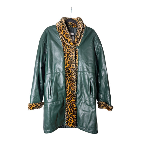 Womens Green Faux Leather Coat Leopard Print Faux Fur Trim Size Medium Vtg - Picture 1 of 5